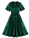 Christmas Green V Neck Velvet 1950S Vintage Swing Dress