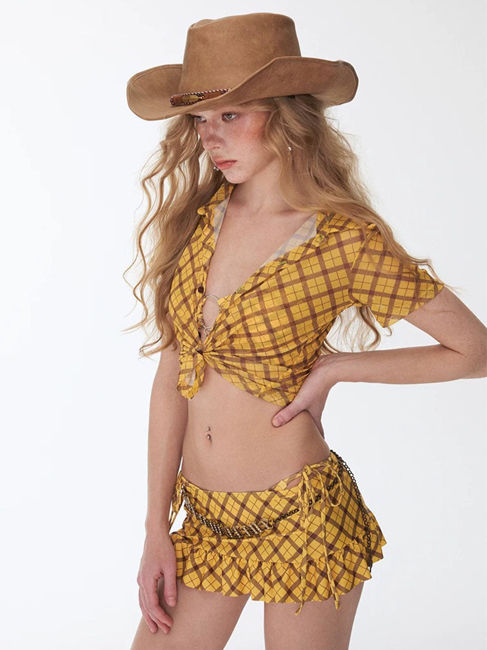 Yellow Plaid Ruffle Skirt Bikini Set Vintage Cowgirl Two Piece Swimsuit
