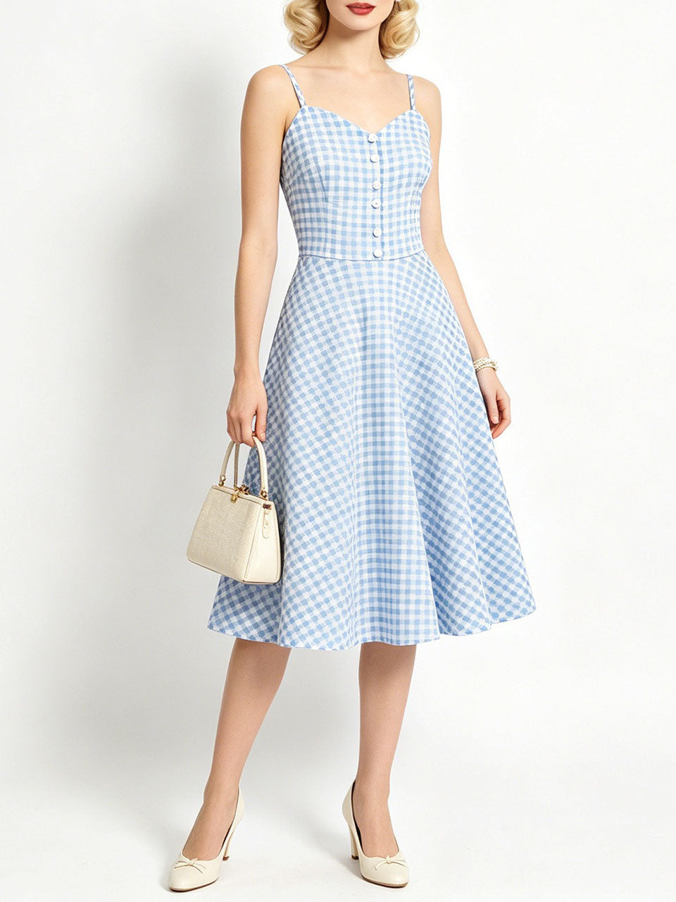 1950s Green Gingham Button Front Spaghetti Strap Swing Summer Picnic Dress