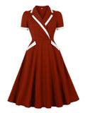 Wine Red V Neck 1950S Vintage Swing Dress