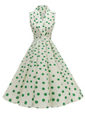 1950s Vintage Audrey Hepburn Style Green Polka Dots Swing Dress