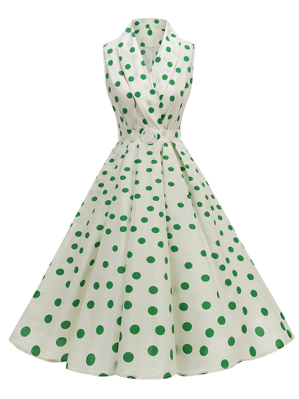 1950s Vintage Audrey Hepburn Style Green Polka Dots Swing Dress