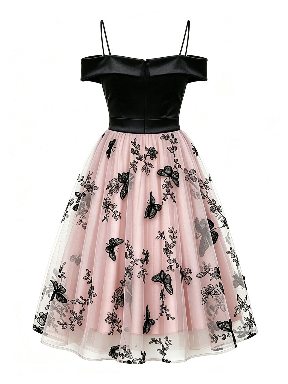 1950s Off-The-Shoulder Satin & Pink Butterfly Mesh Swing Dress