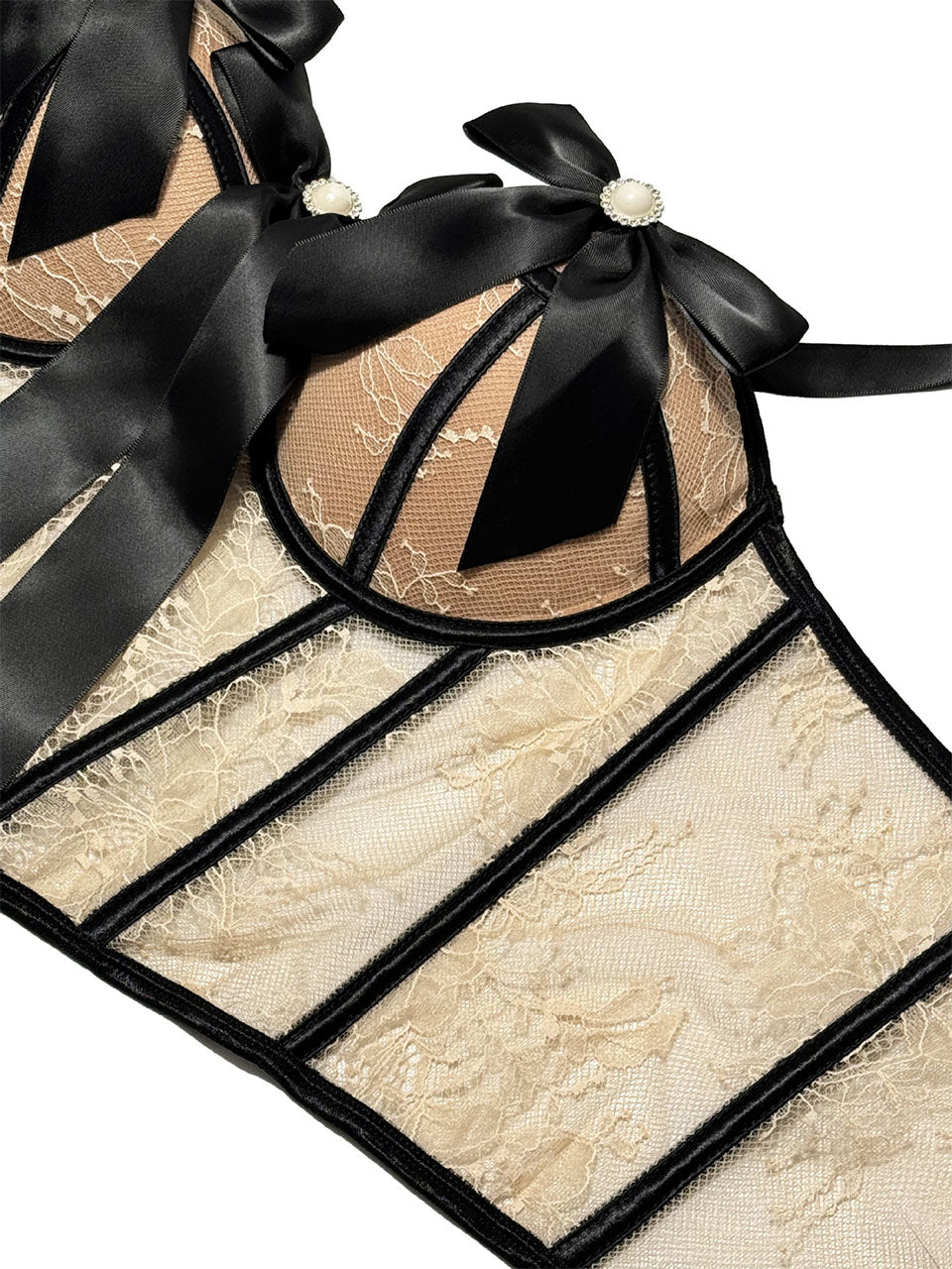 Black Bow Nude Lace Corset Top - Pearl Embellished Bustier
