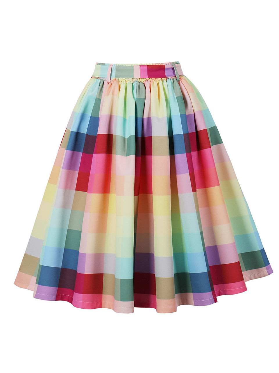 1950S Rainbow Plaid Print High Waist Swing Vintage Skirt