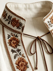 1970s Boho Embroidered Halter V-Neck Linen Midi Dress