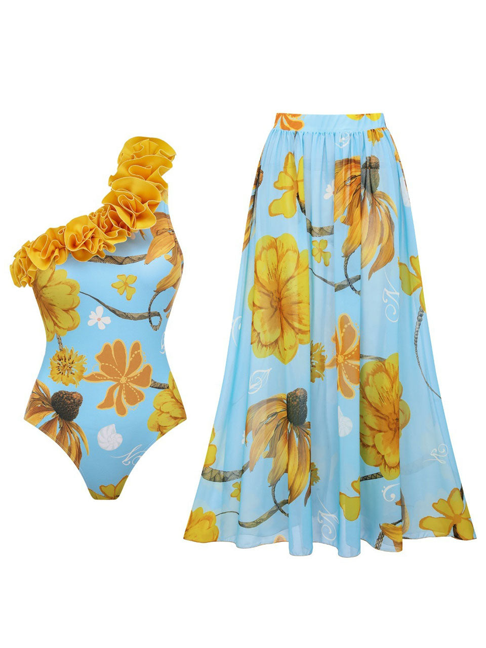 Light Blue Floral Print One-Shoulder One Piece
