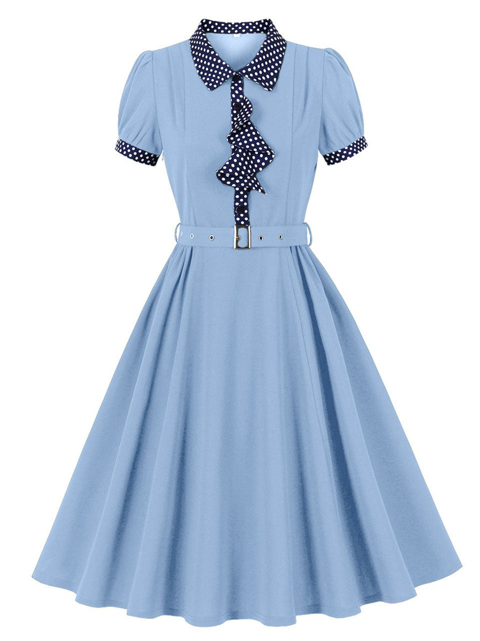Vintage 1950s Baby Blue Polka Dot Ruffles Swing Dress