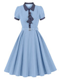 Vintage 1950s Baby Blue Polka Dot Ruffles Swing Dress