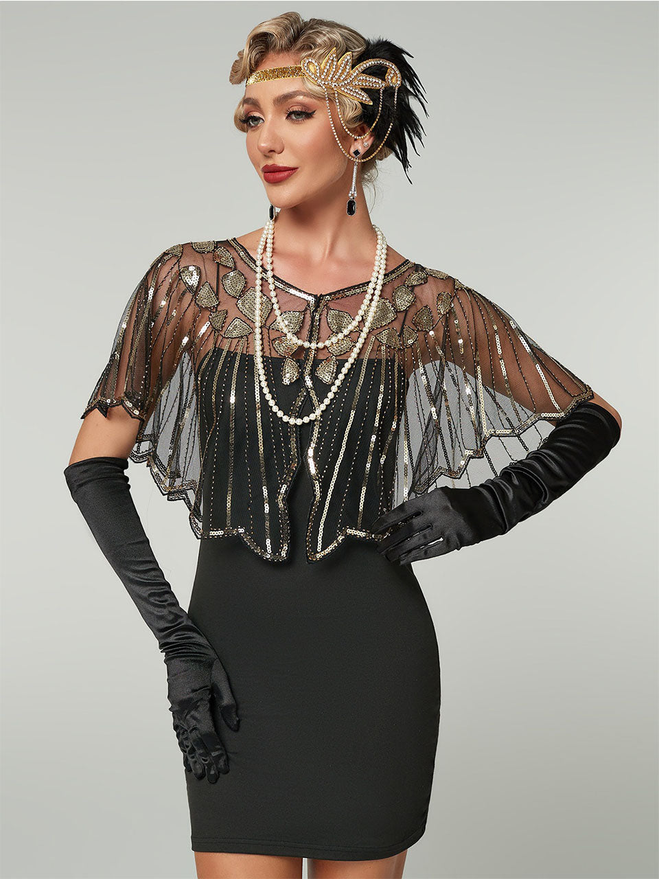 1920s Sequined Flapper Cape Gatsby Costume Mesh Shawl Wraps for Evening Dress