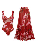 2PS Red Floral One-Piece Swimsuit and Sheer Maxi Cover-Up Skirt Set
