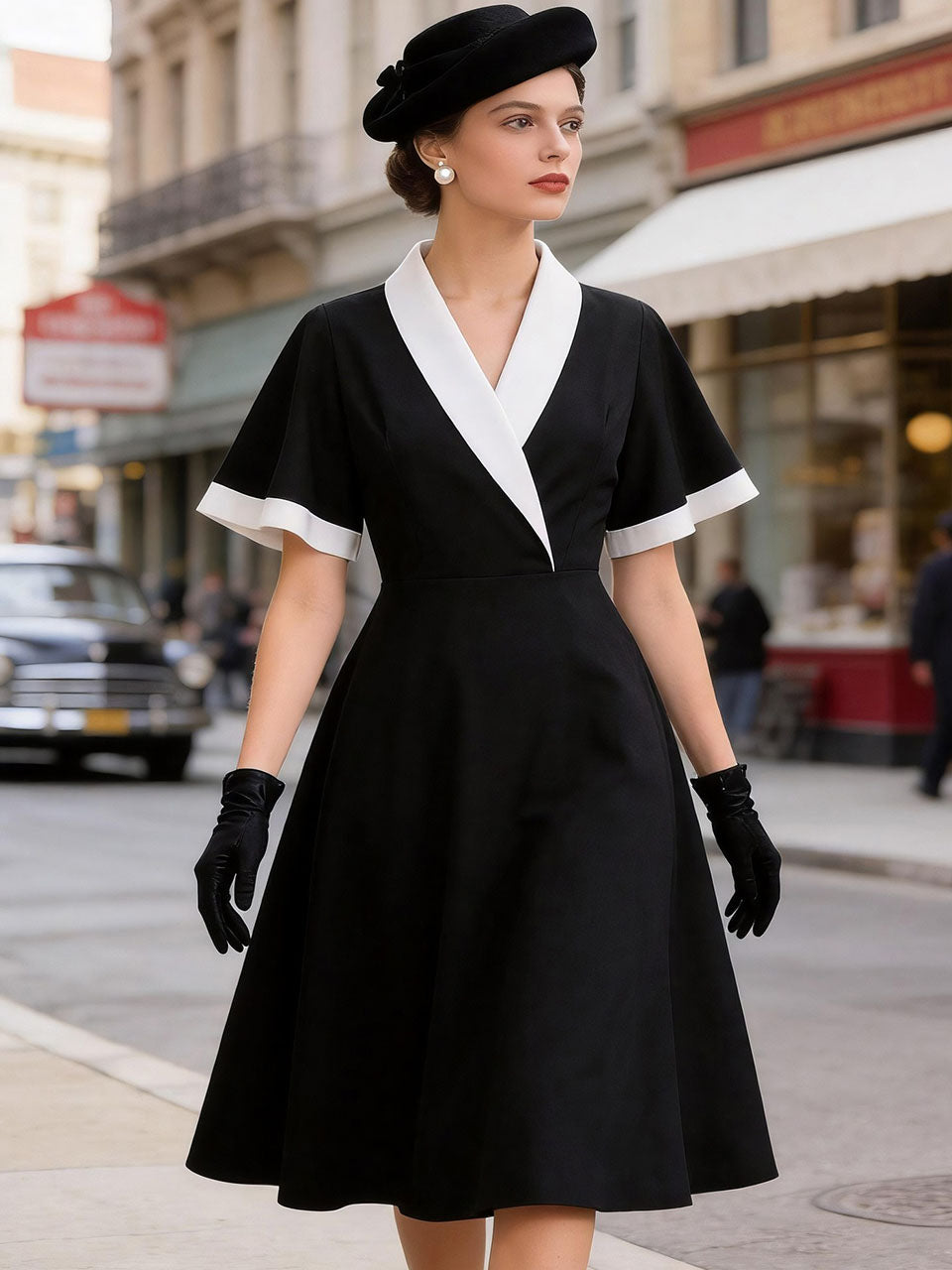 1950s Vintage Black & White Lapel Short Sleeve Swing Dress