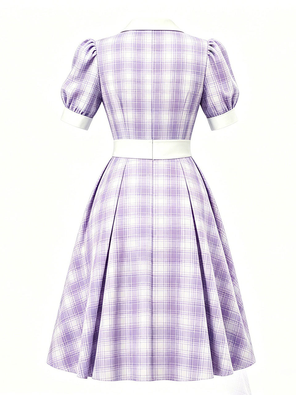 1950s Baby Blue Plaid Notch Lapel Collar Vintage Puff Sleeve Retro Swing Dress