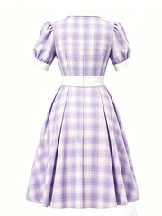 1950s Baby Blue Plaid Notch Lapel Collar Vintage Puff Sleeve Retro Swing Dress