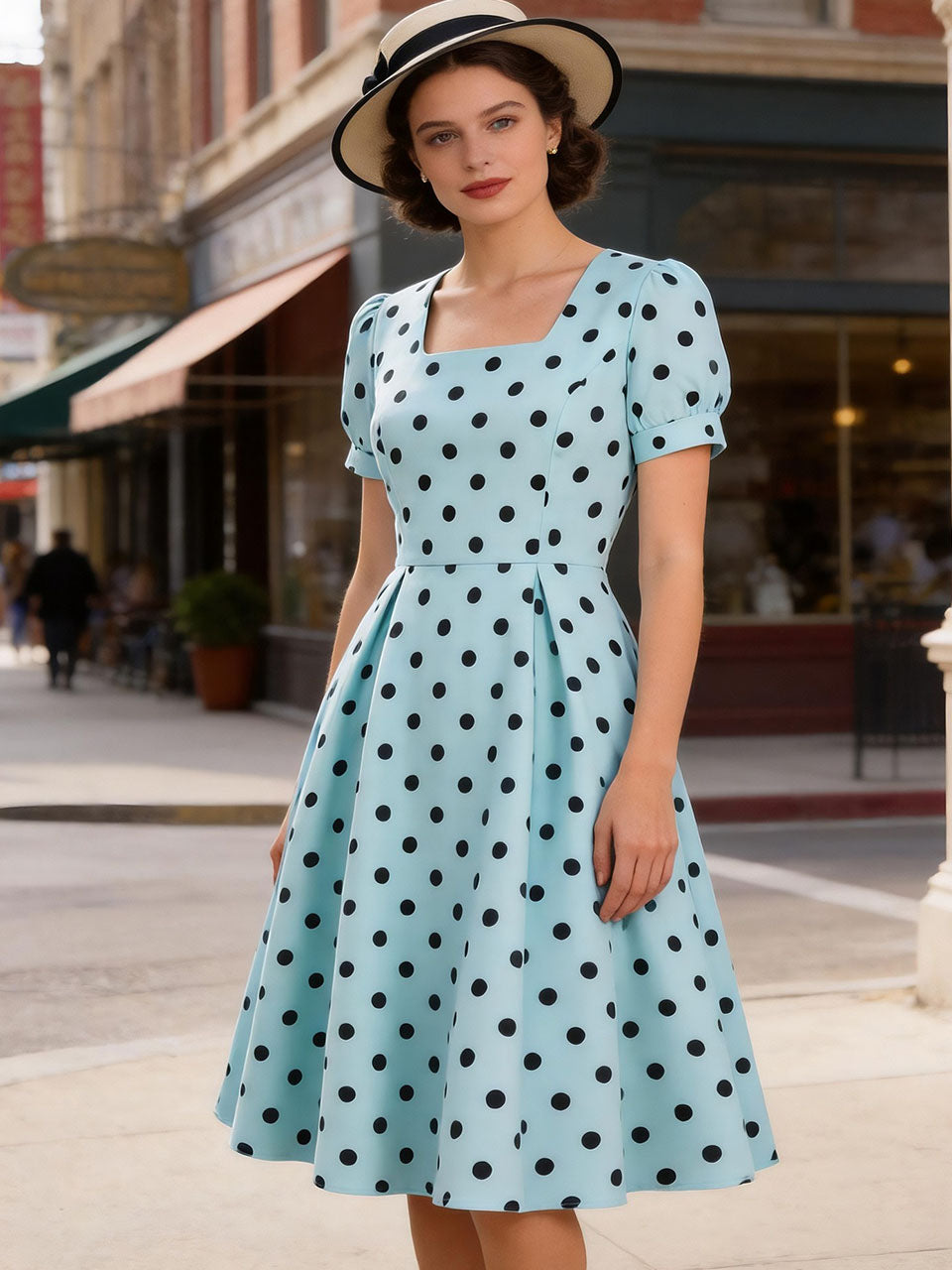 1950s Mint Blue Polka Dot Puff Sleeve Vintage Swing Dress