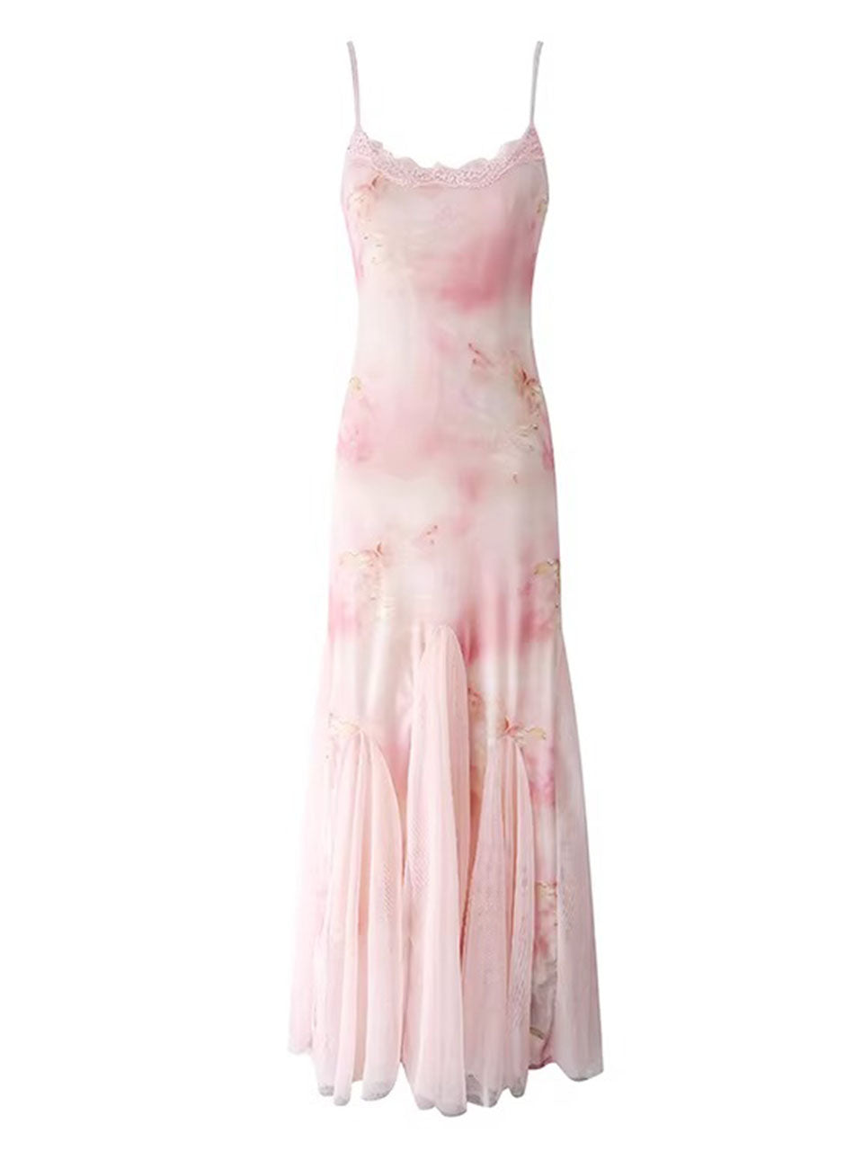 Pink Floral Print Spaghetti Strap Fish Tail Swing Party Maxi Dress