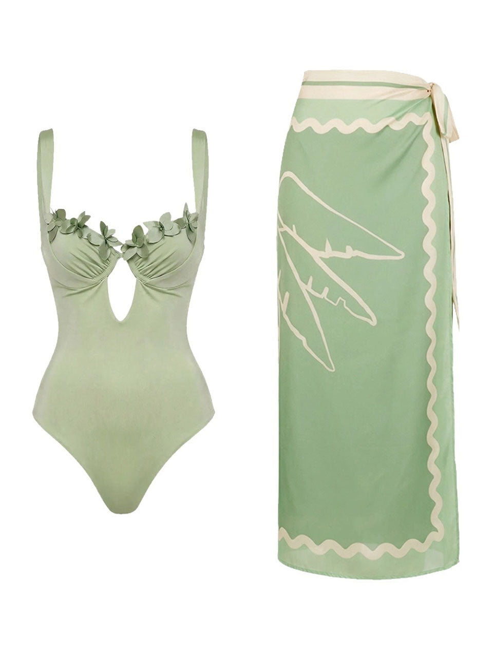 2PS Sage Green Floral One-Piece Swimsuit Wave Trim Sarong Wrap Skirt Set