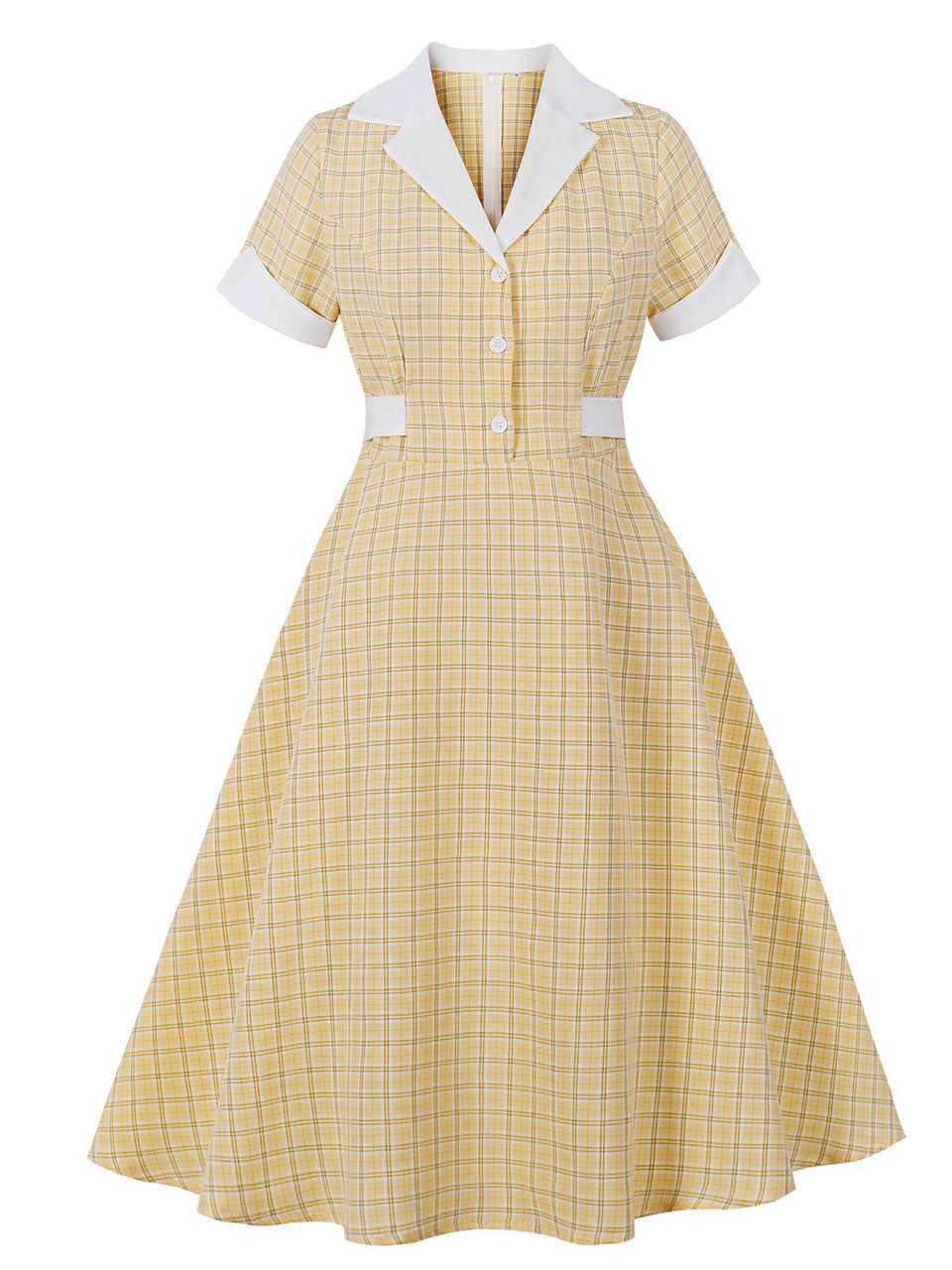 1950s Yellow Plaid Lapel Collar Short Sleeve Swing Dress