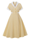 1950s Yellow Plaid Lapel Collar Short Sleeve Swing Dress