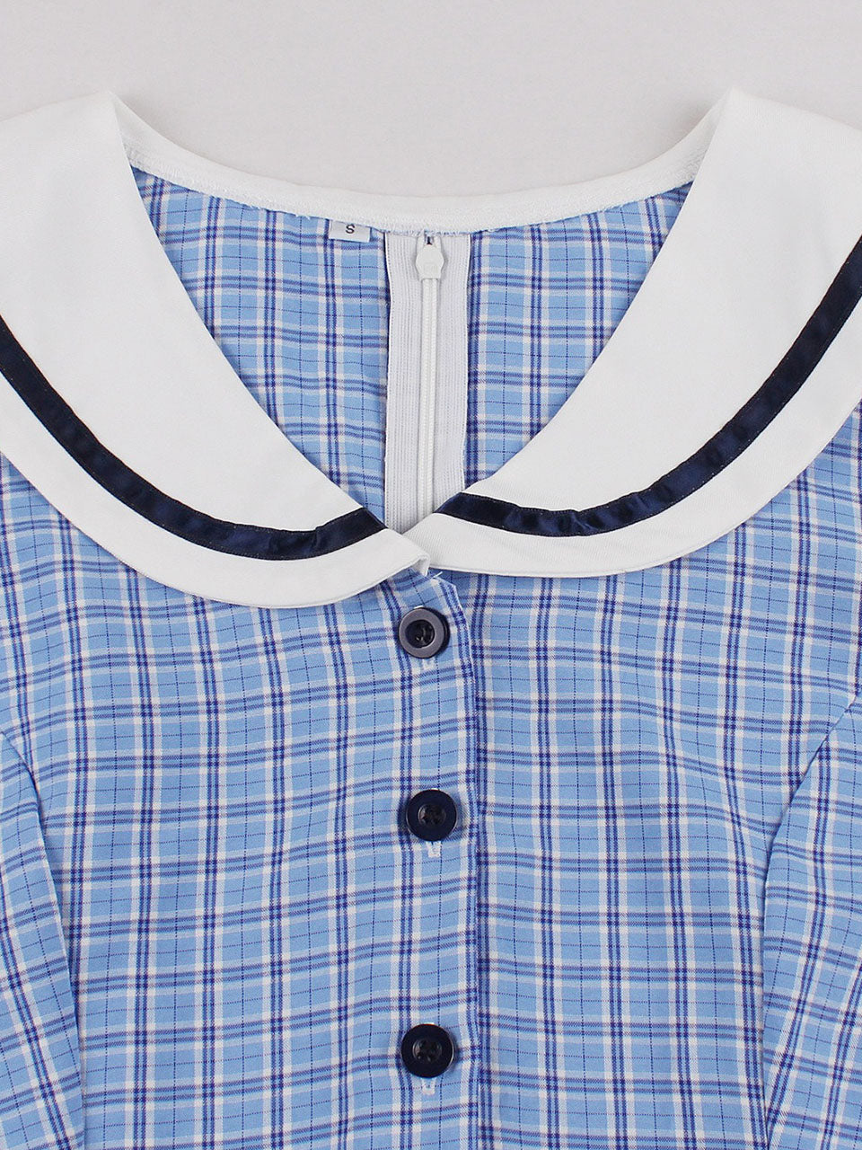 1950s Blue Plaid Vintage Sailor Collar Short Sleeve Swing Dress
