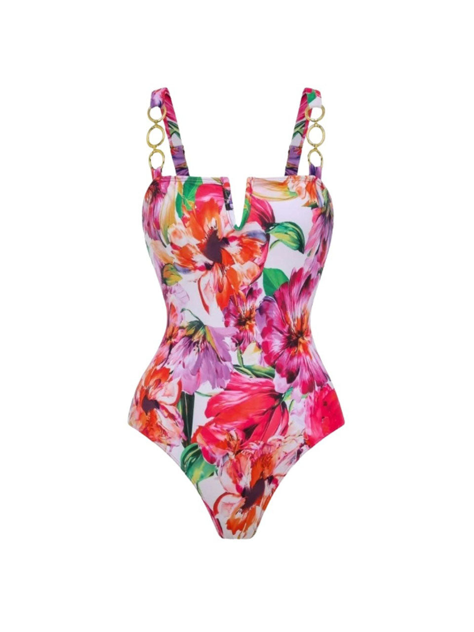 Red Floral One Piece Swimsuit and Beach Set, Gold Chain Strap Bathing Suit