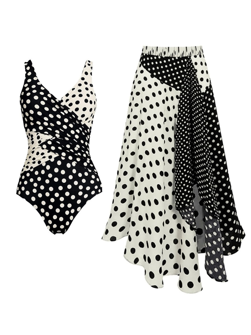 Split Color Block Polka Dot Ruched V-Neck Bathing Suit and Asymmetric Hem Beach Skirt Set