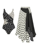 Split Color Block Polka Dot Ruched V-Neck Bathing Suit and Asymmetric Hem Beach Skirt Set