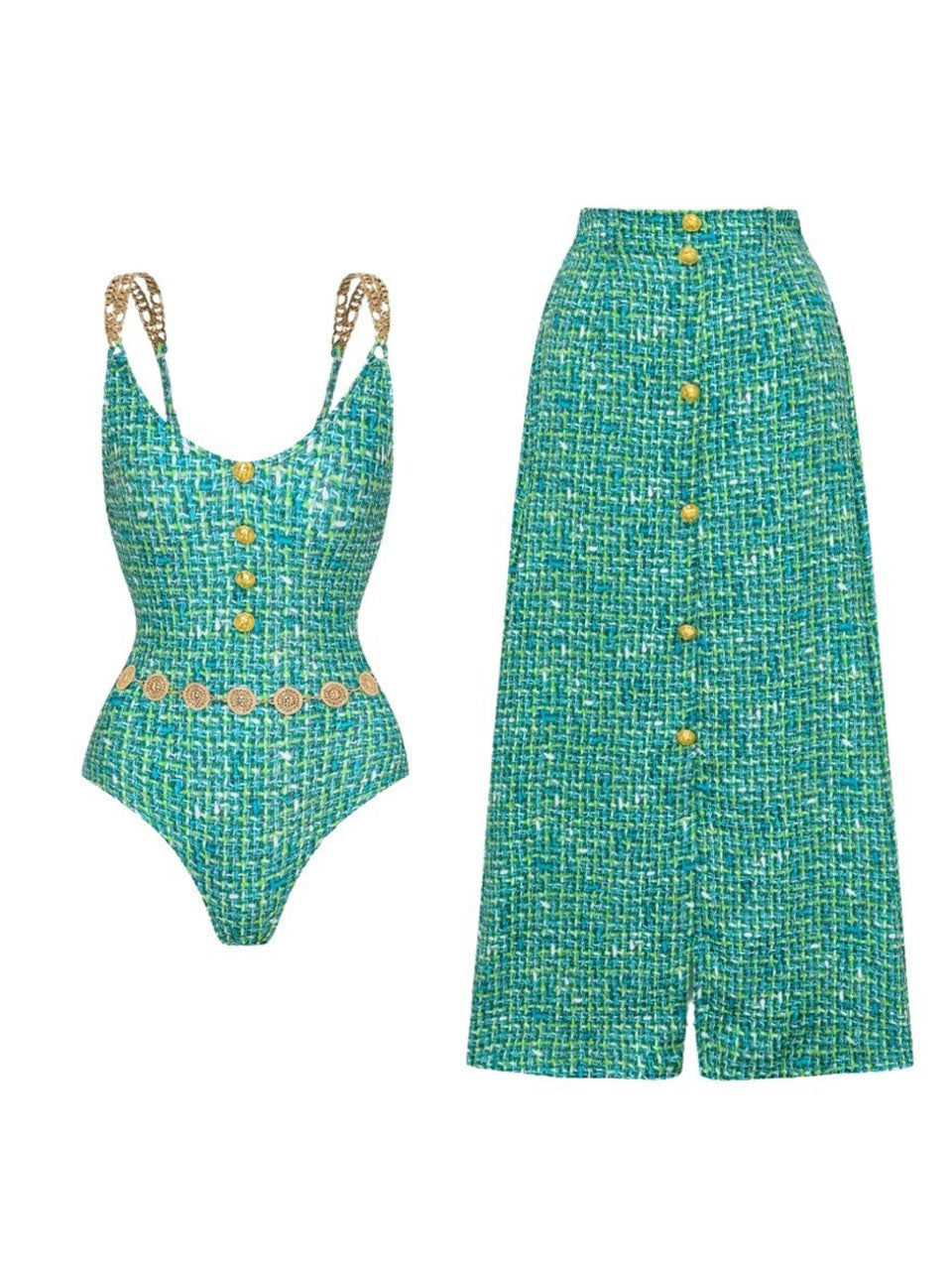 Emerald Teal Textured Tweed 2-Piece Swim Set