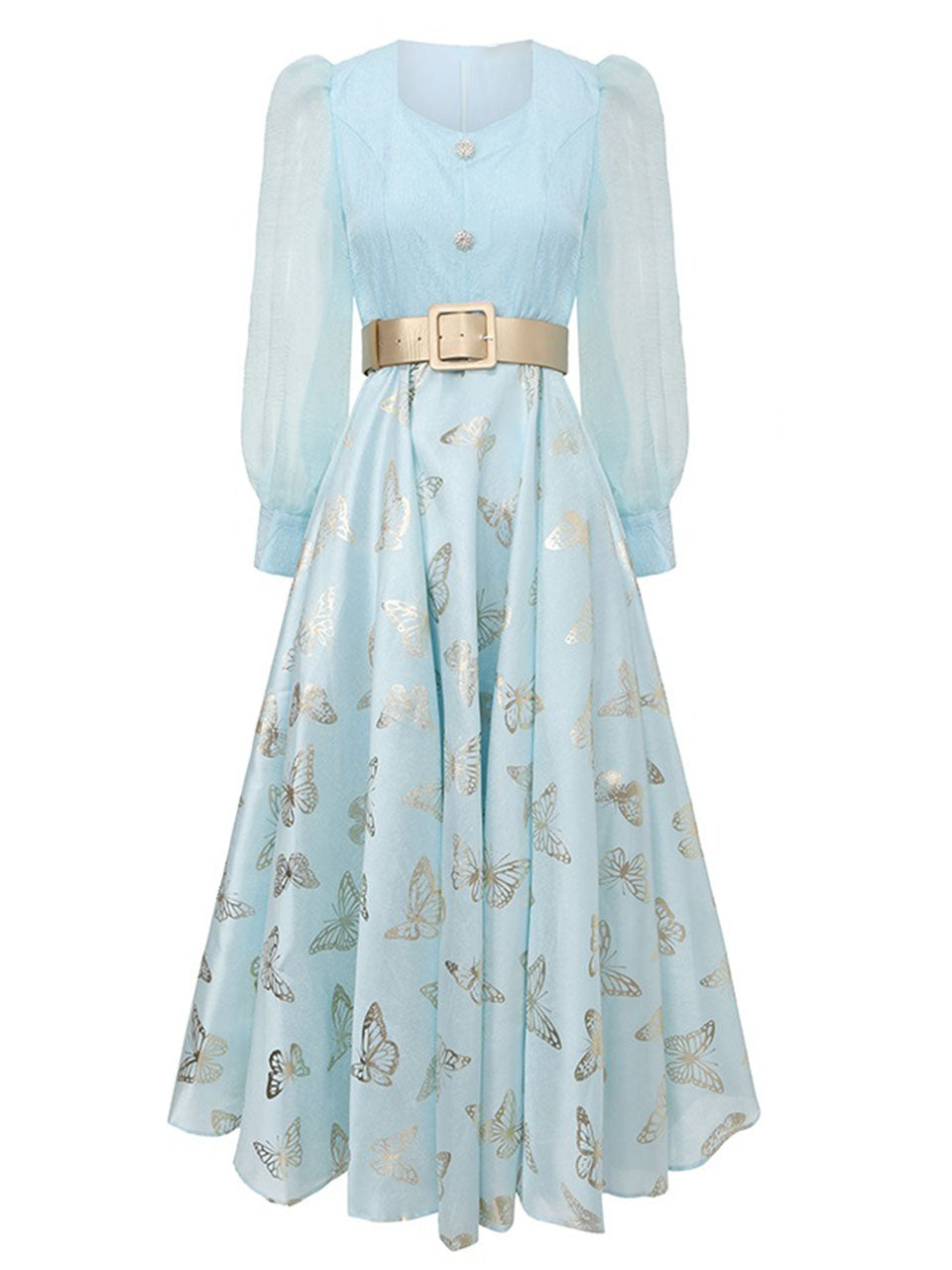 Gold Foil Butterfly Print Pink Vintage Square Neck Maxi Dress