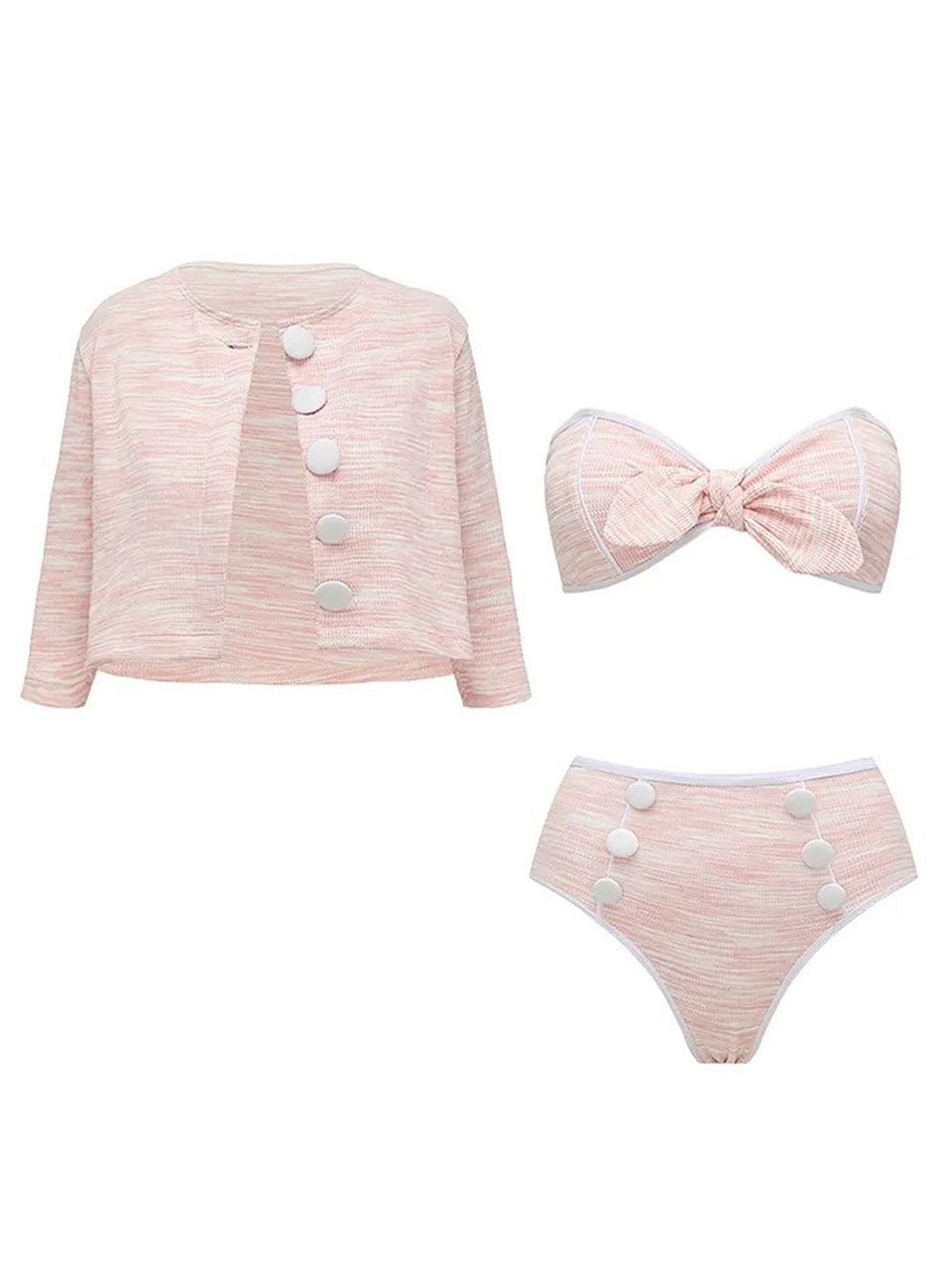 3 Piece Textured Pink Bathing Suit Vintage 1960s Mod Bow Bikini Set