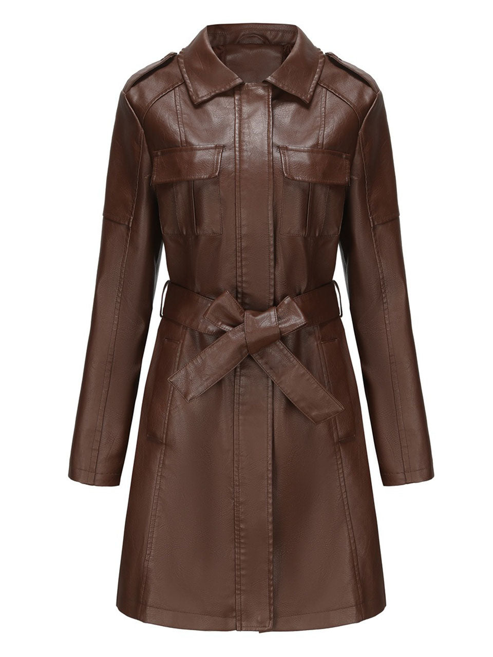 Black Faux PU Leather Trench Mid-Length Coat