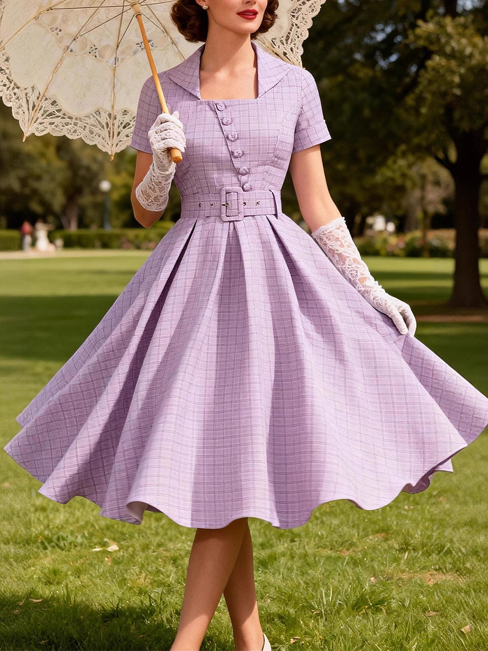 Purple Plaid Square Collar 1950s Swing Dress