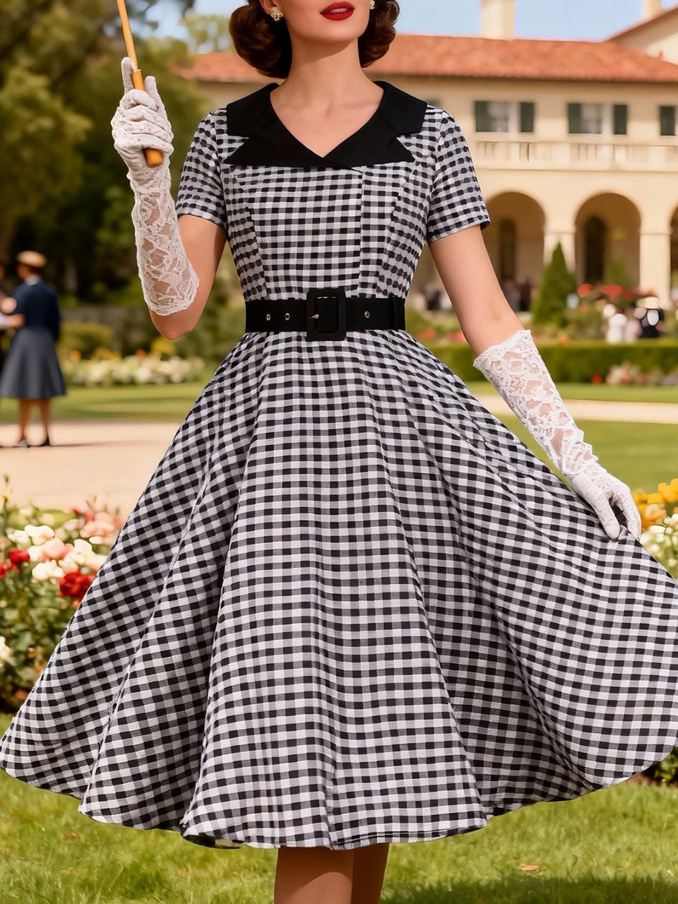 Black White Plaid 1950s Short Sleeve Swing Dress