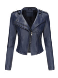 Navy Blue Faux Leather Motorcycle Jacket | Slim Fit Asymmetrical Zip Moto Biker Coat