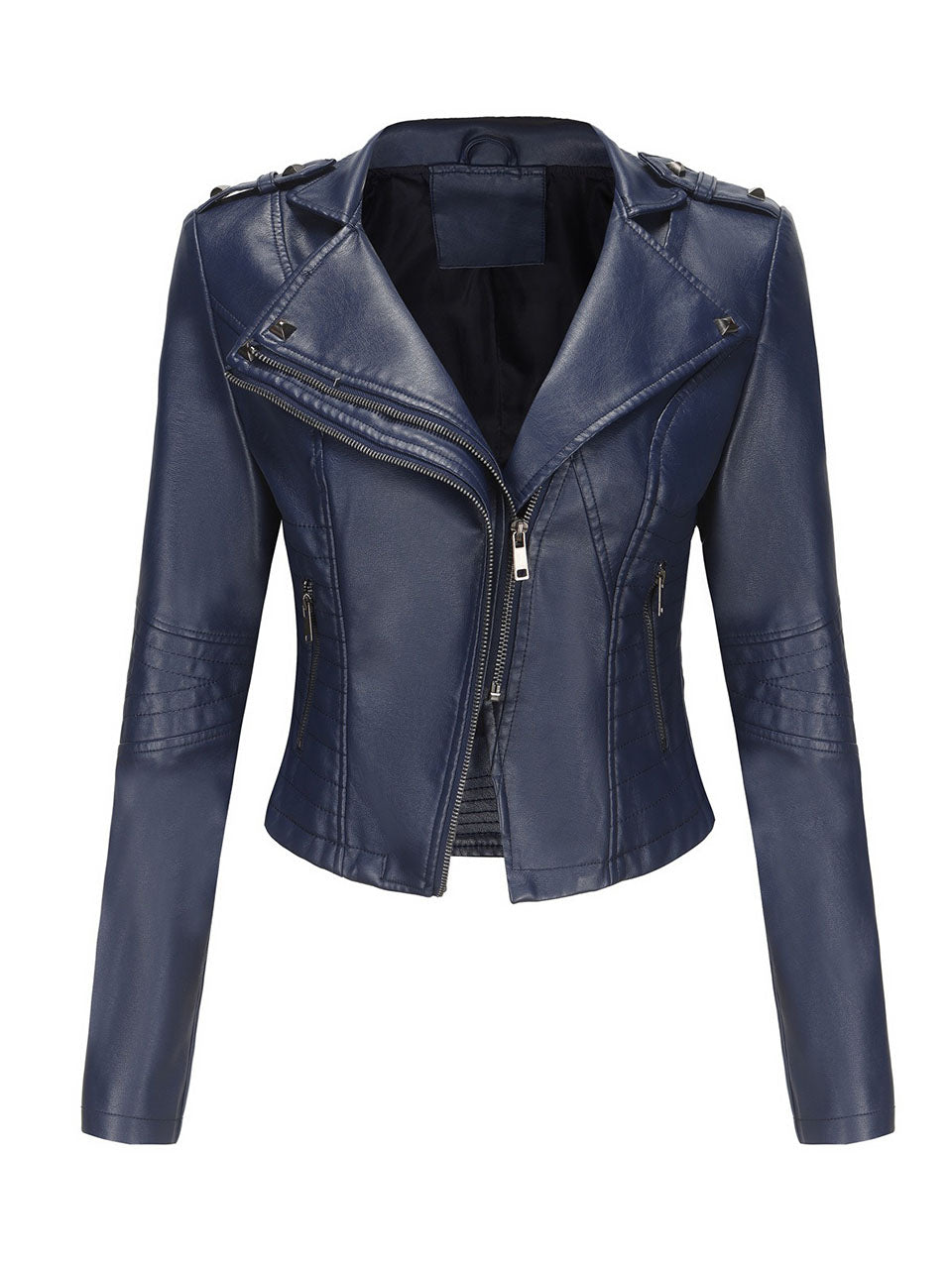 Navy Blue Faux Leather Motorcycle Jacket | Slim Fit Asymmetrical Zip Moto Biker Coat