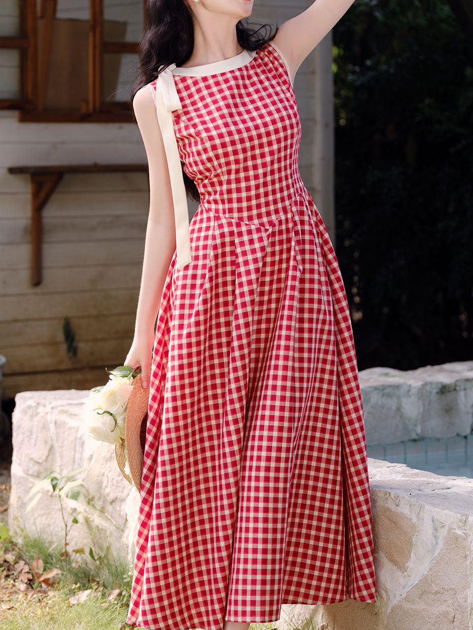 Red Plaid Print Sleeveless 1950S Vintage Dress