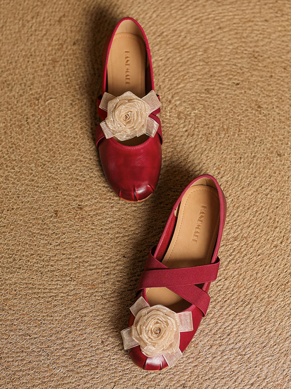 Purple Handmade Floral Washed Leather Cross Elastic Mary Jane Flat Heel Shoes