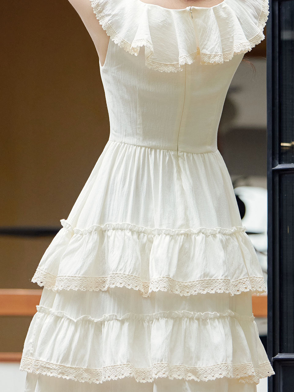 White Ruffles V Neck Layered Lace Maxi Vintage Dress
