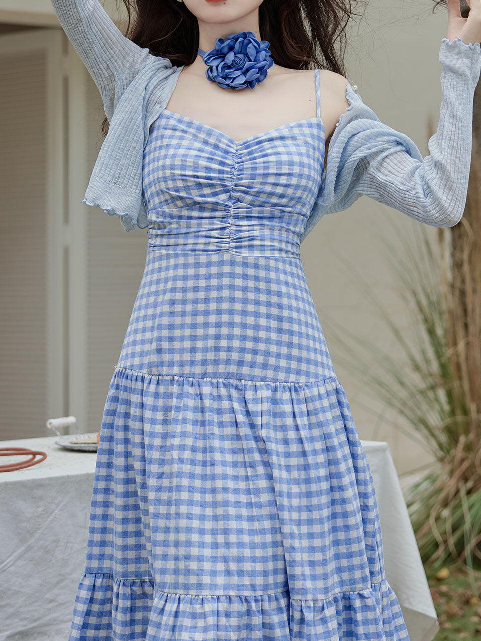 3PS Blue Plaid Spaghetti Strap Dress