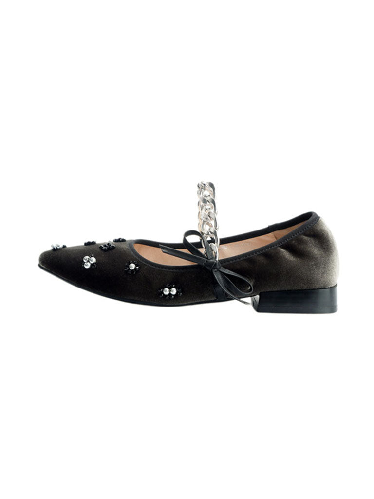 Flat Heel Pointed Toe Hollow Belt Velvet Pearl Vintage Shoes
