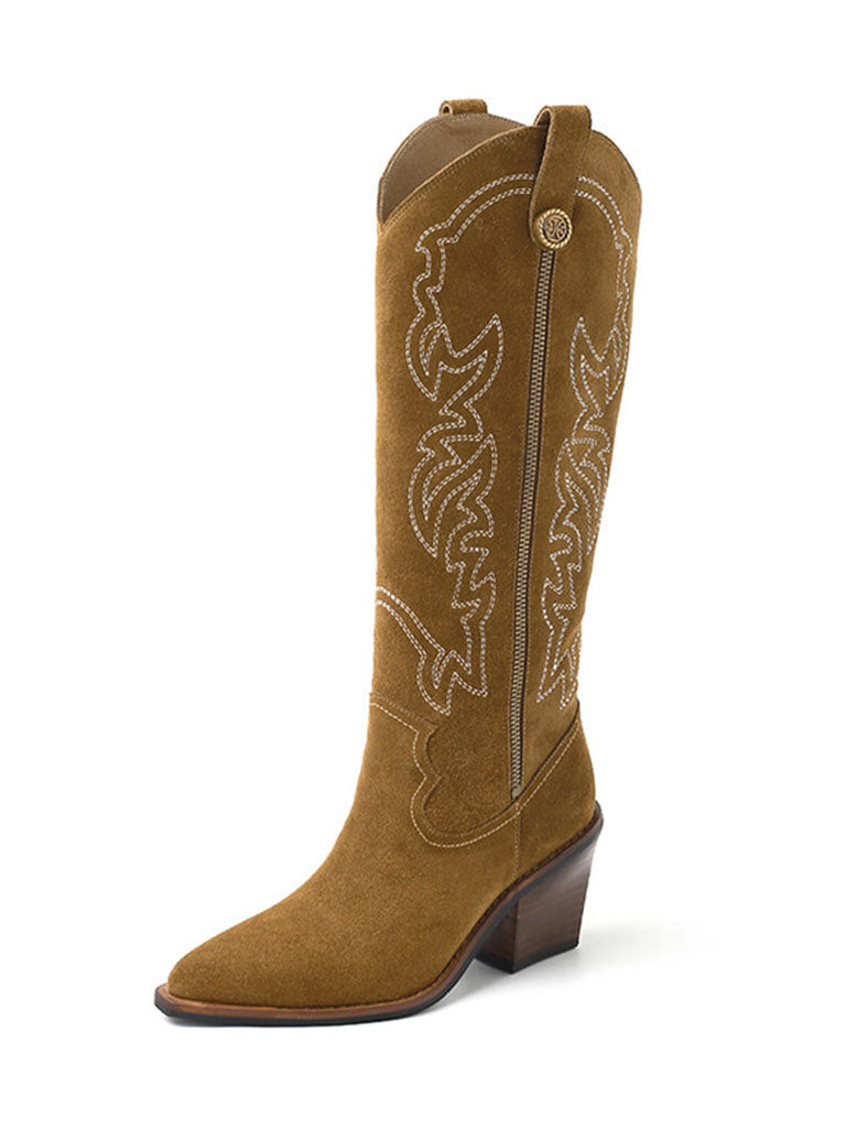 Boots Pointed Toe Chunky Heel Bohemian Embroidery Suede Knee High Boots