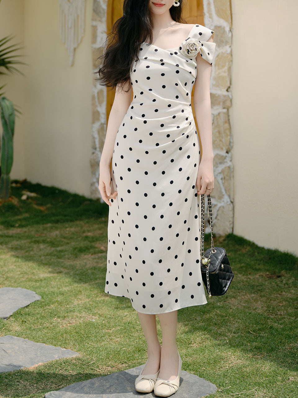 White Polka Dot Retro One Shoulder Chiffon Midi Dress