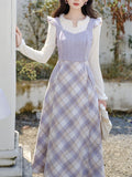 1950s Vintage White Sweater And Purple Plaid Dress Suit