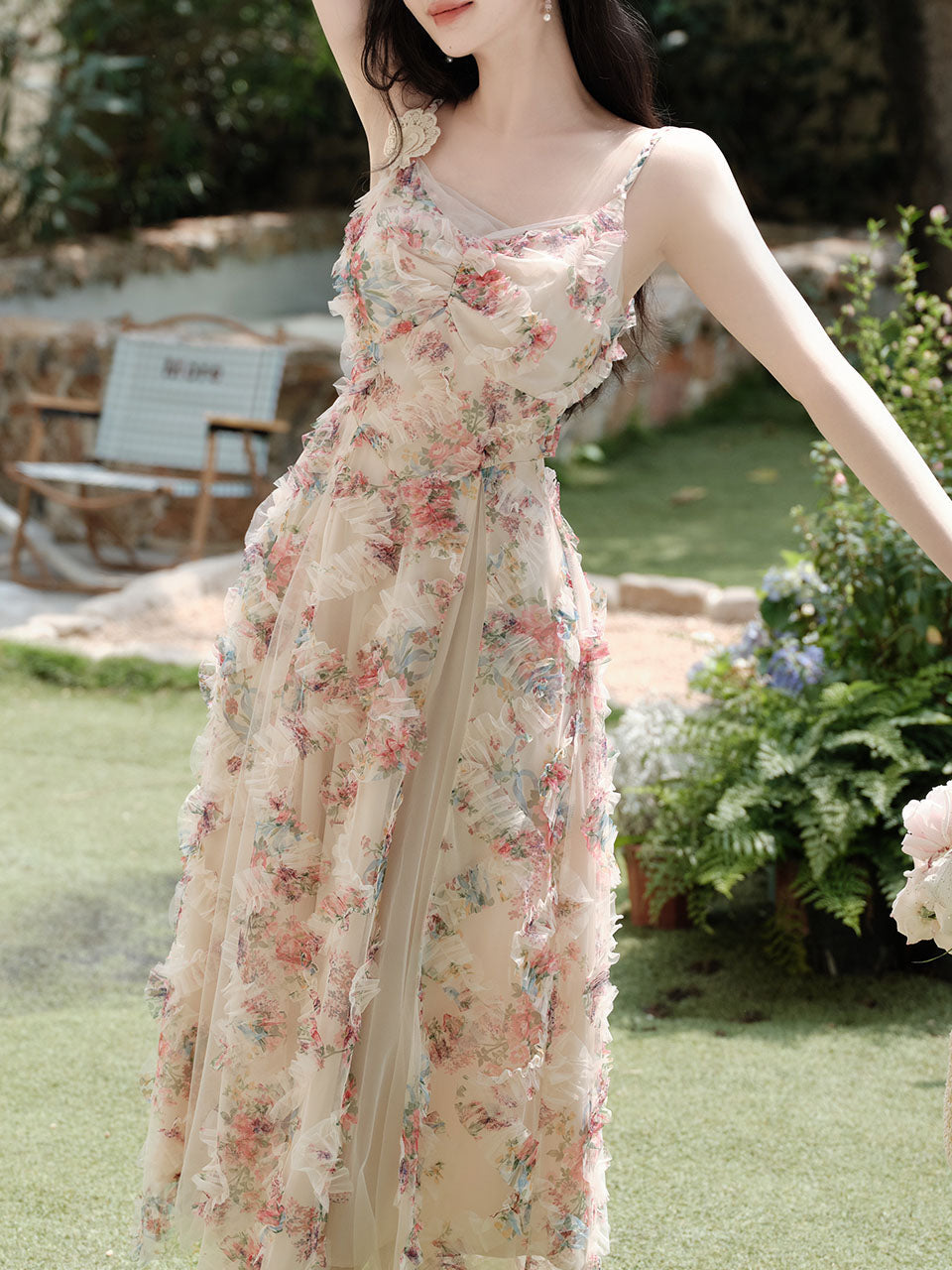 2PS Pink Spaghetti Strap Floral Mesh Ruffles Fairycore Dress