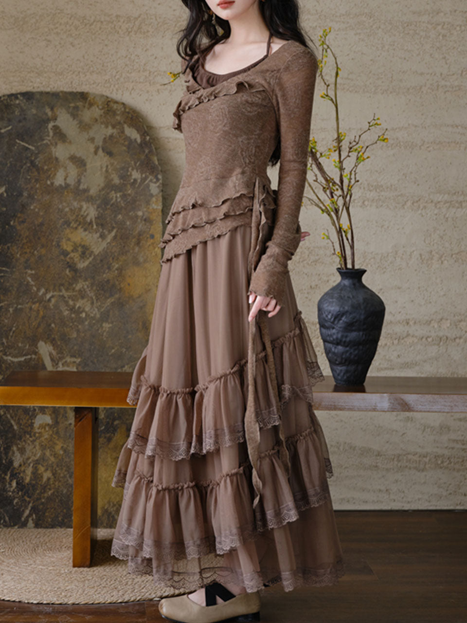 1950S Vintage Brown Rose Top and Swing Skirt Set