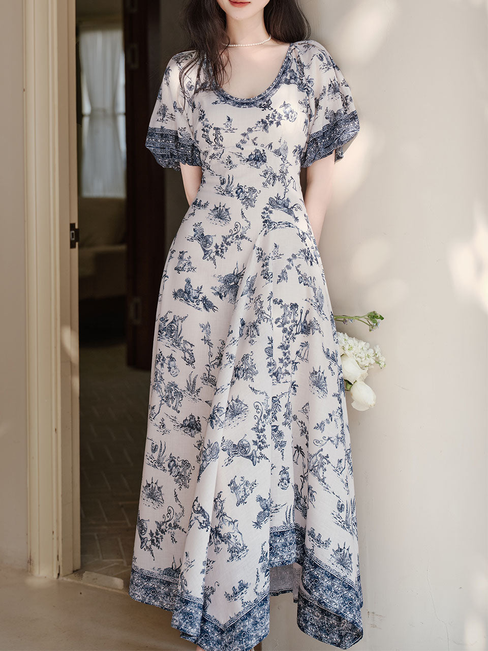 Blue Vintage Pattern Puff Sleeve Victoria Edwardian Dress
