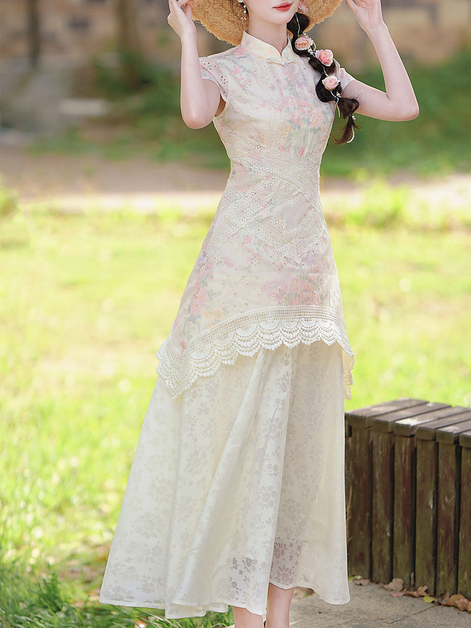Pink Pastel Floral Lace Cheongsam Dress