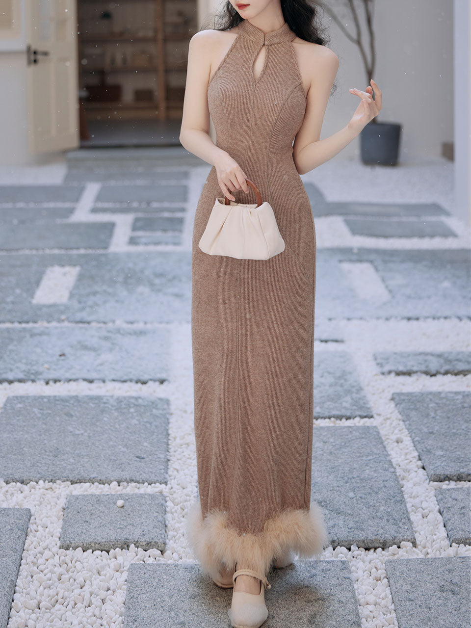 2PS Brown Cheongsam Sleeveless Knit Sweater Dress