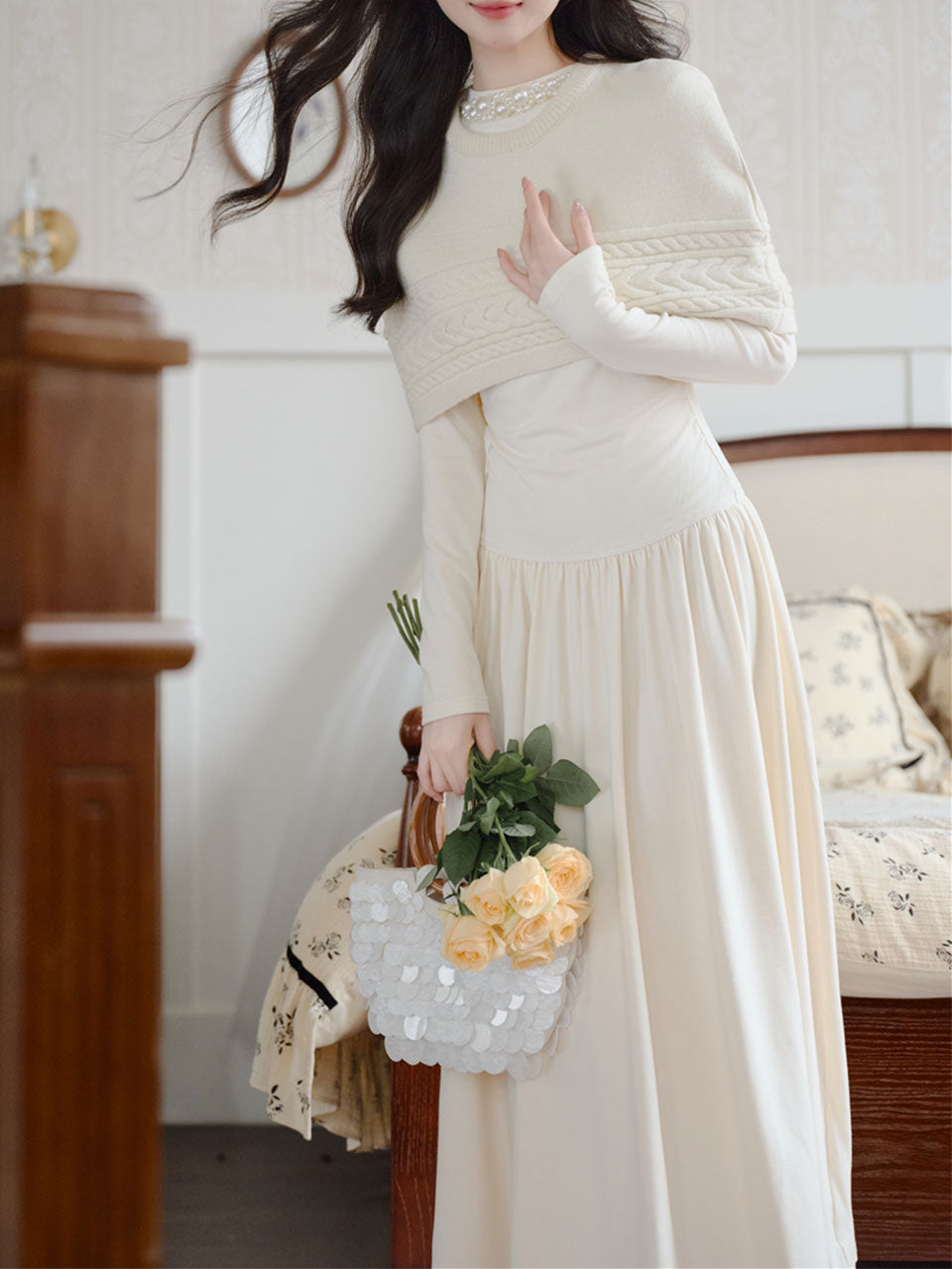 White Two-Piece Set Pearl Beaded Long Sleeve Dress