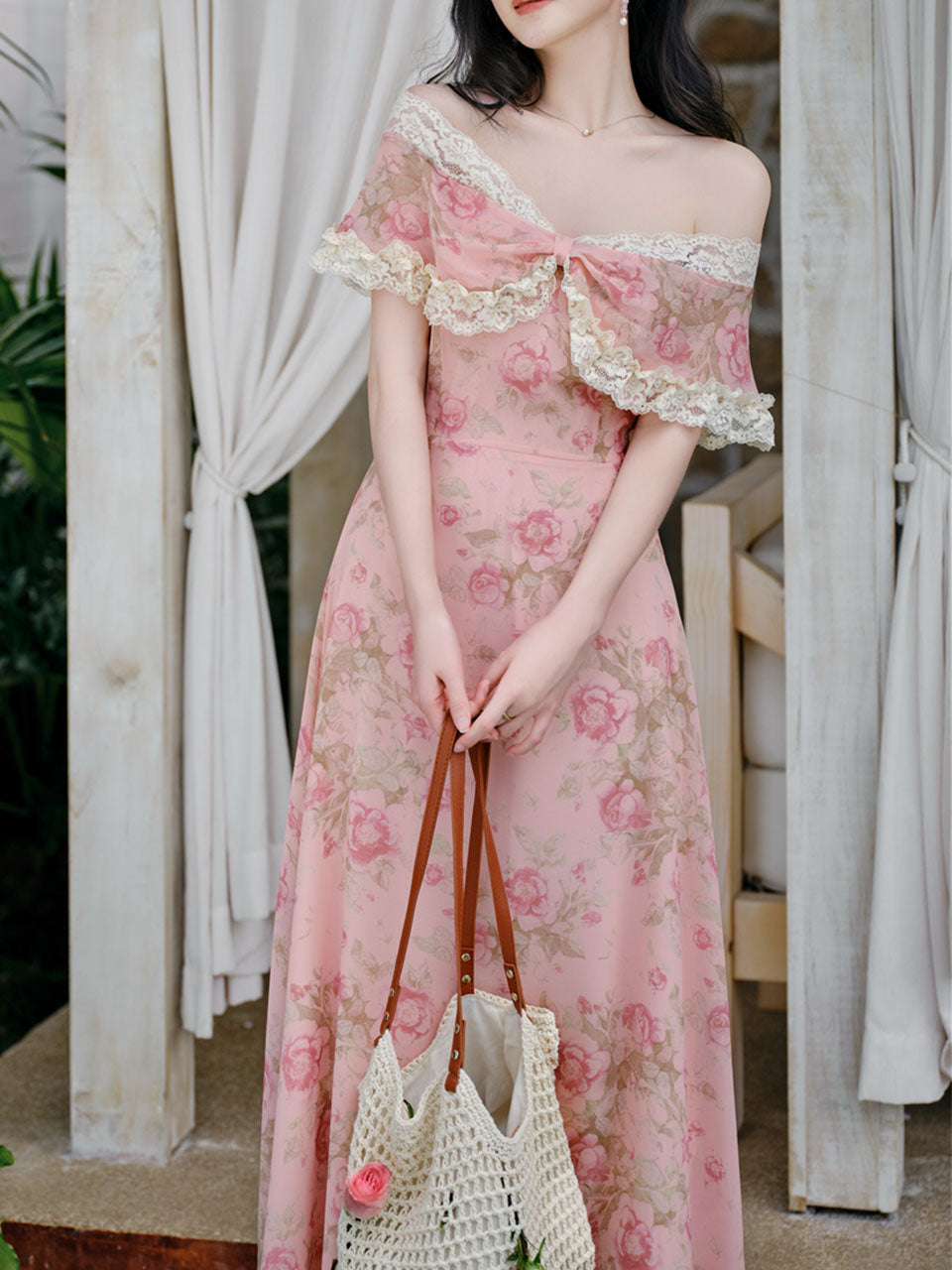 Pink Floral Rose Off Shoulder Lace Georgette Dress